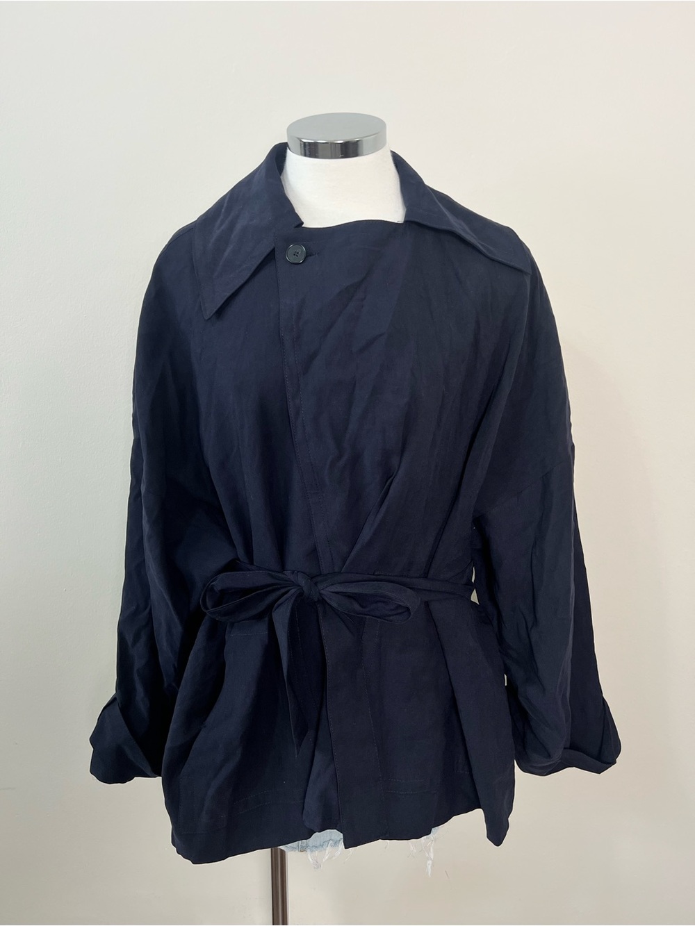 Zara ZW Collection Short Flowy Trench Coat Navy Blue Large NWT Belted Jacket - Picture 4 of 14